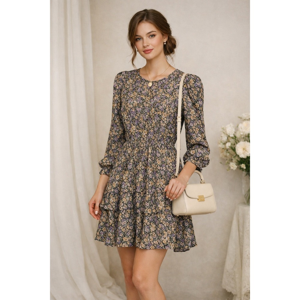 Zara Women's S Floral Tiered Mini Dress 3/4 Balloon Sleeve Ruffle Hem Boho Chic
